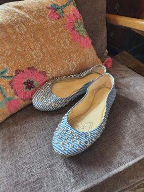 Blue And Aqua Striped Ballet Flats With Gold Stars And Rhinestone Studs.